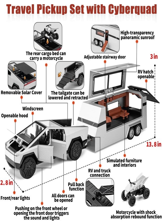 Samtop Cybertruck Toy for Kids, Pickup Truck with RV Motorcycle Cybertquad Metal Die-cast Model Car, 1/32 Toy Truck and Trailer with Sound/Light/Pull Back, Ideal Gift for Boys (Silver) - Image 2